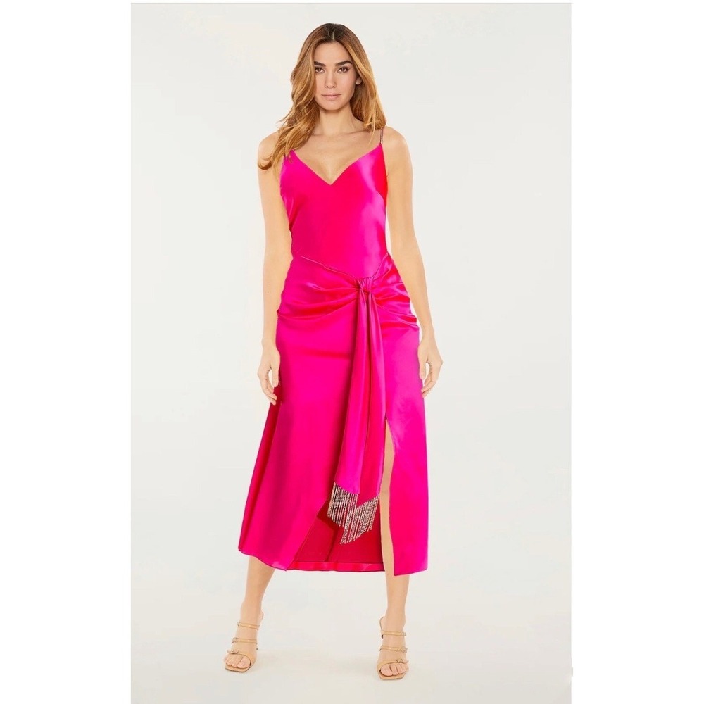 Cinq a Sept Hot Pink Silk Slip Draped Midi Dress Rhinestone Straps